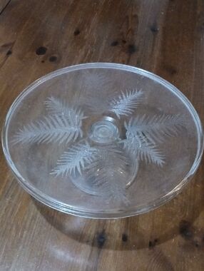 Vintage Clear Glass Pedestal Cake Stand with Etched Fern Pattern